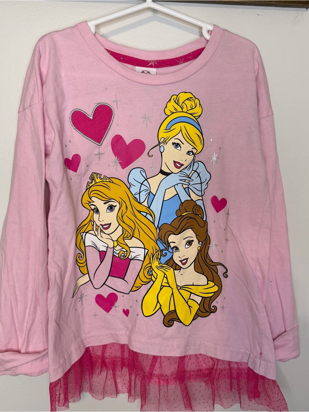 Disney Princess Girls 6X Pink Cinderella Belle Aurora Ruffle Hem Shirt Top - Picture 2 of 5